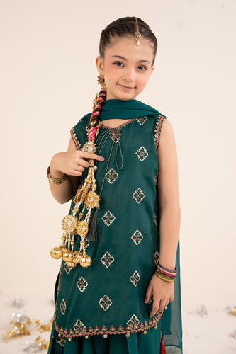Bottle Green 3 Piece Embroidered Raw Silk Suit