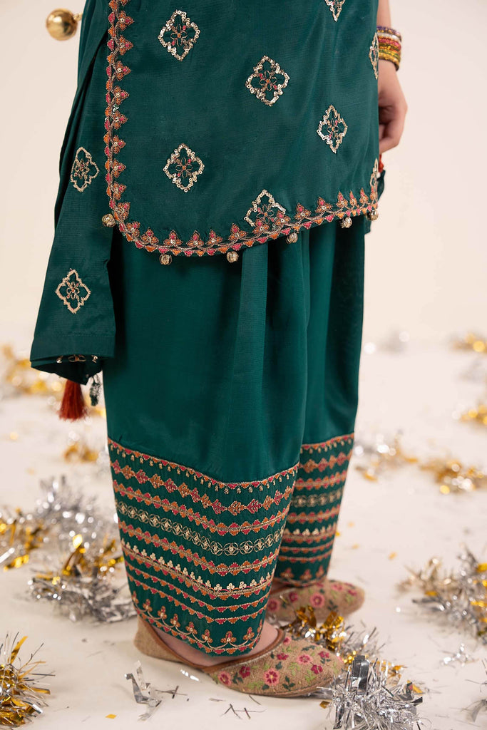 Bottle Green 3 Piece Embroidered Raw Silk Suit