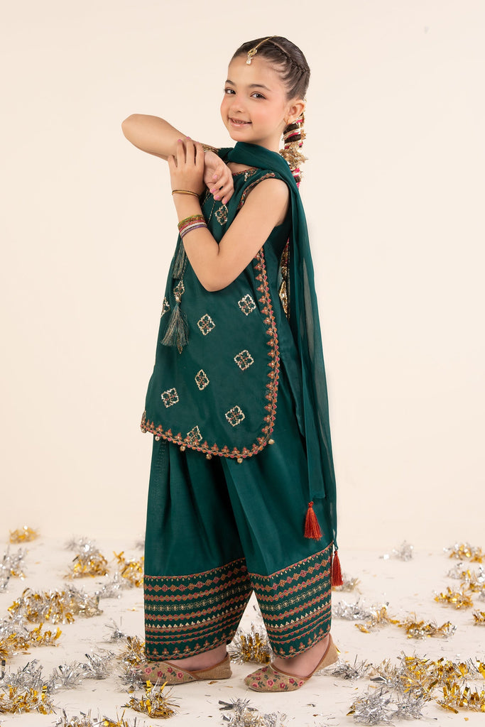 Bottle Green 3 Piece Embroidered Raw Silk Suit