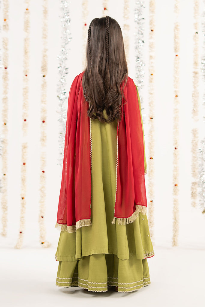 Kids 3 Piece Raw Silk Embroidered Suit - Green