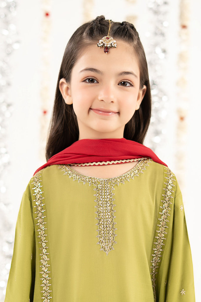 Kids 3 Piece Raw Silk Embroidered Suit - Green