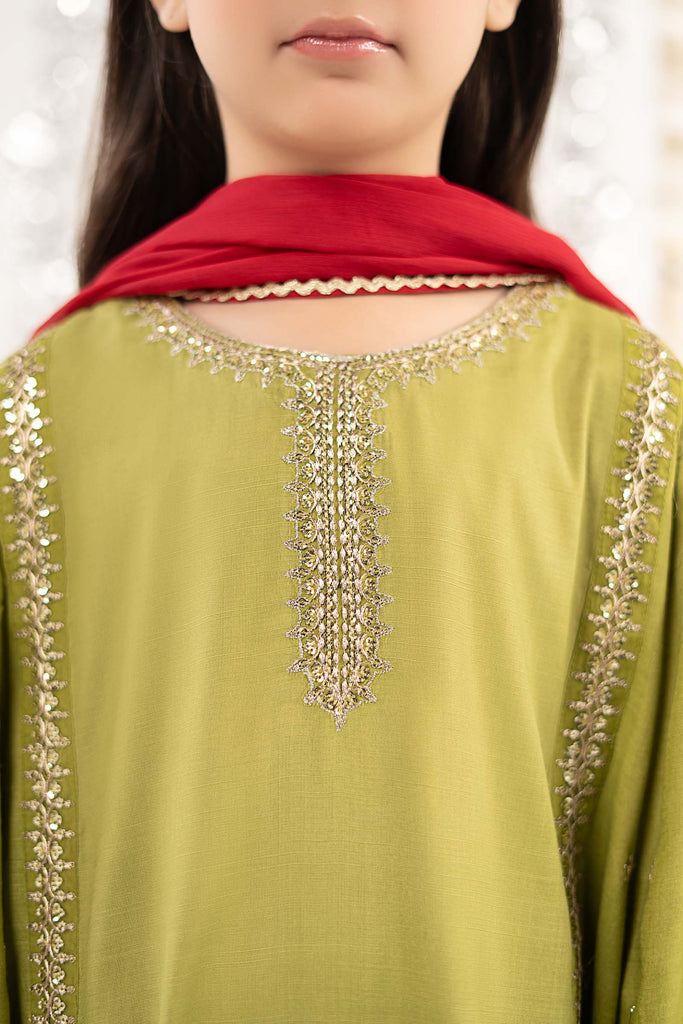 Kids 3 Piece Raw Silk Embroidered Suit - Green