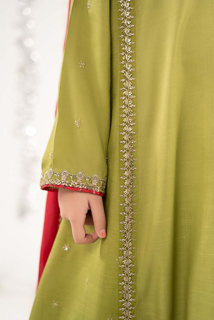 Kids 3 Piece Raw Silk Embroidered Suit - Green