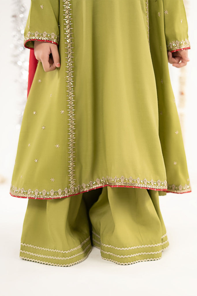 Kids 3 Piece Raw Silk Embroidered Suit - Green