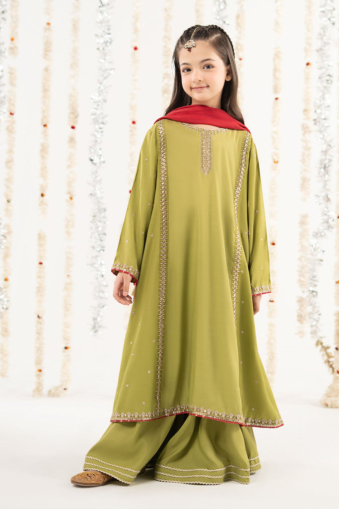 Kids 3 Piece Raw Silk Embroidered Suit - Green