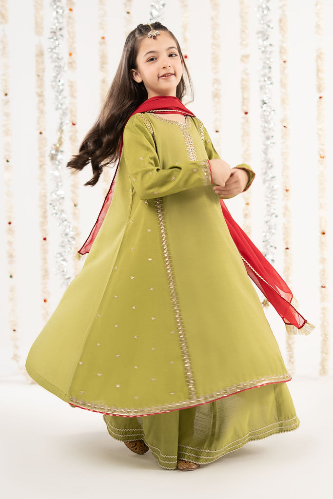 Kids 3 Piece Raw Silk Embroidered Suit - Green