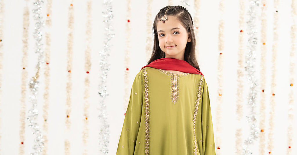 Kids 3 Piece Raw Silk Embroidered Suit - Green