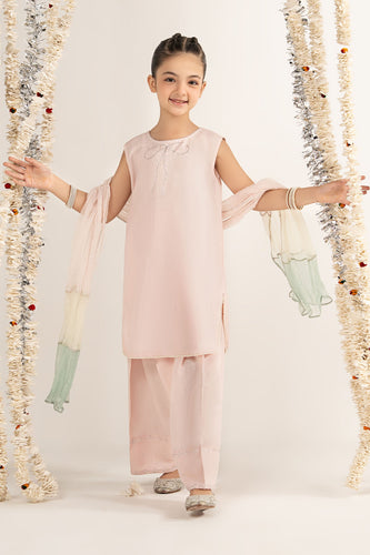Kids 3 Piece Embellished Raw Silk Suit - Pink
