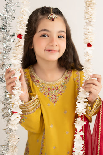 Maria.B Kids 3 Piece Embroidered Raw Silk Suit - Yellow