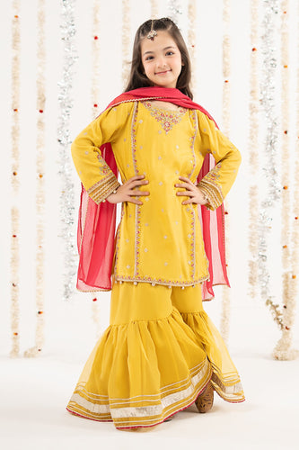 Maria.B Kids 3 Piece Embroidered Raw Silk Suit - Yellow