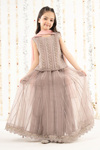 Kids 3 Piece Embroidered Organza Lehenga - Purple