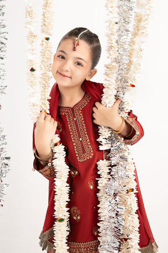 Girls 3 Piece Block Printed Two Tone Silk Suit - Red