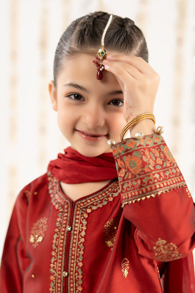 Girls 3 Piece Block Printed Two Tone Silk Suit - Red