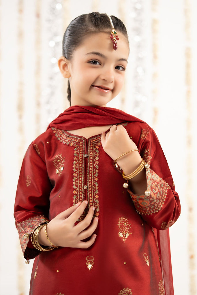Girls 3 Piece Block Printed Two Tone Silk Suit - Red