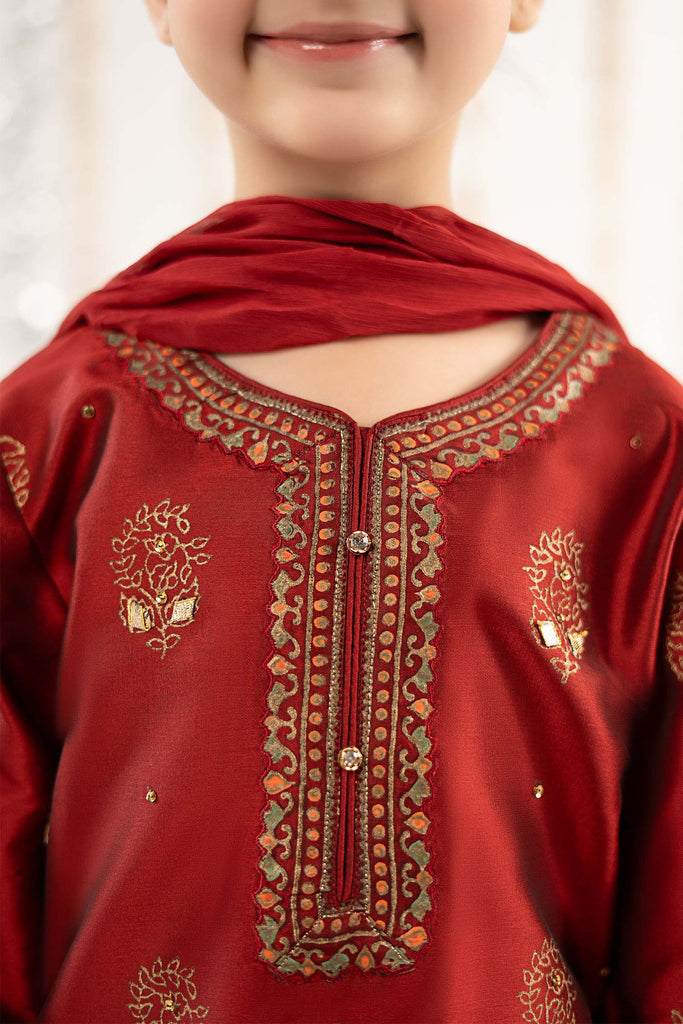 Girls 3 Piece Block Printed Two Tone Silk Suit - Red