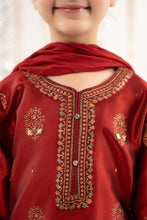 Load image into Gallery viewer, Girls 3 Piece Block Printed Two Tone Silk Suit - Red
