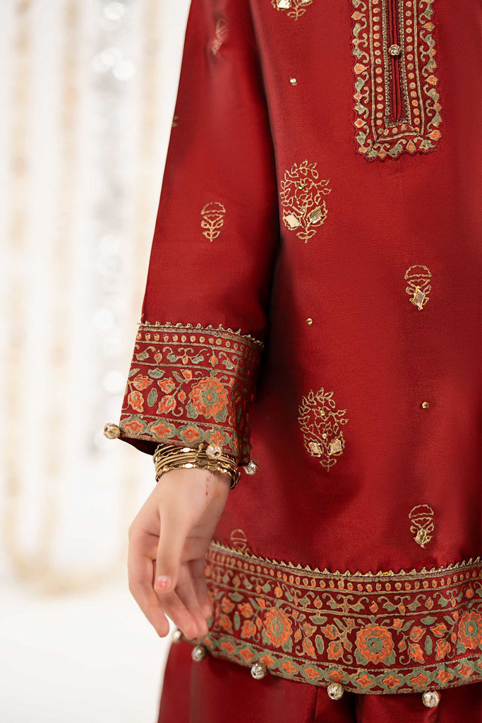 Girls 3 Piece Block Printed Two Tone Silk Suit - Red