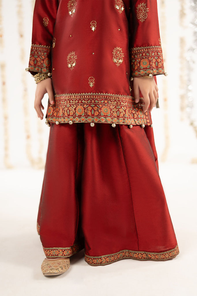 Girls 3 Piece Block Printed Two Tone Silk Suit - Red