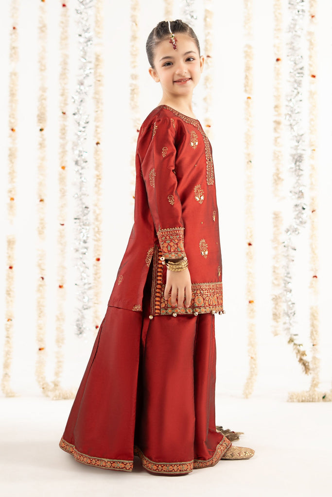 Girls 3 Piece Block Printed Two Tone Silk Suit - Red