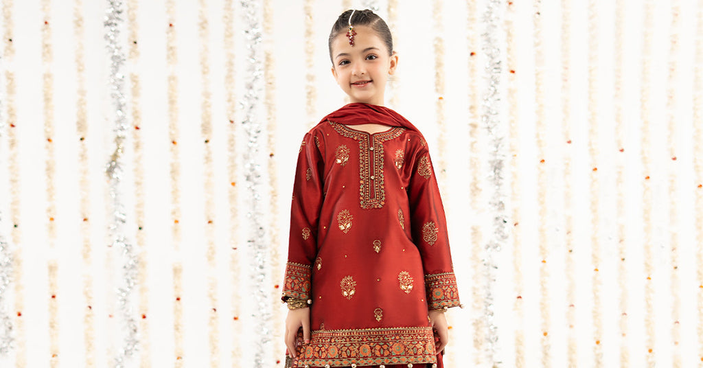 Girls 3 Piece Block Printed Two Tone Silk Suit - Red