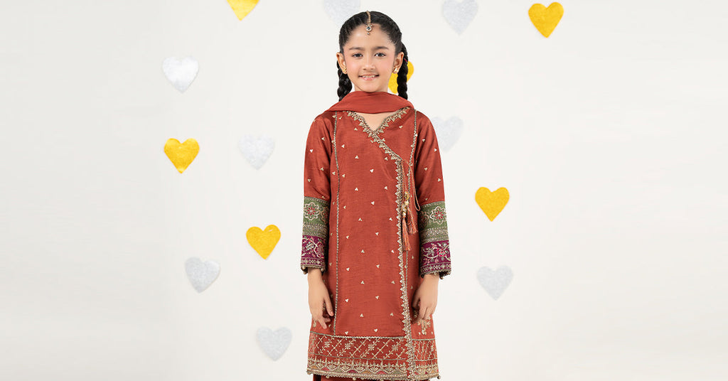 3 Piece Rust Brown Raw Silk Angrakha for Kids