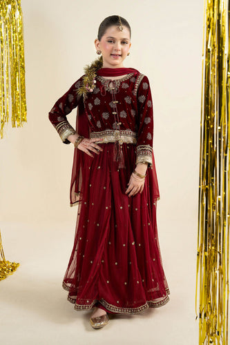 3 Piece Embroidered Net Suit - Maroon for Girls