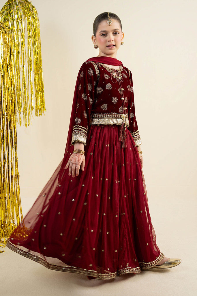 3 Piece Embroidered Net Suit - Maroon for Girls