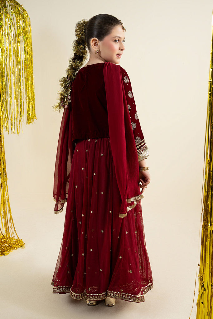 3 Piece Embroidered Net Suit - Maroon for Girls