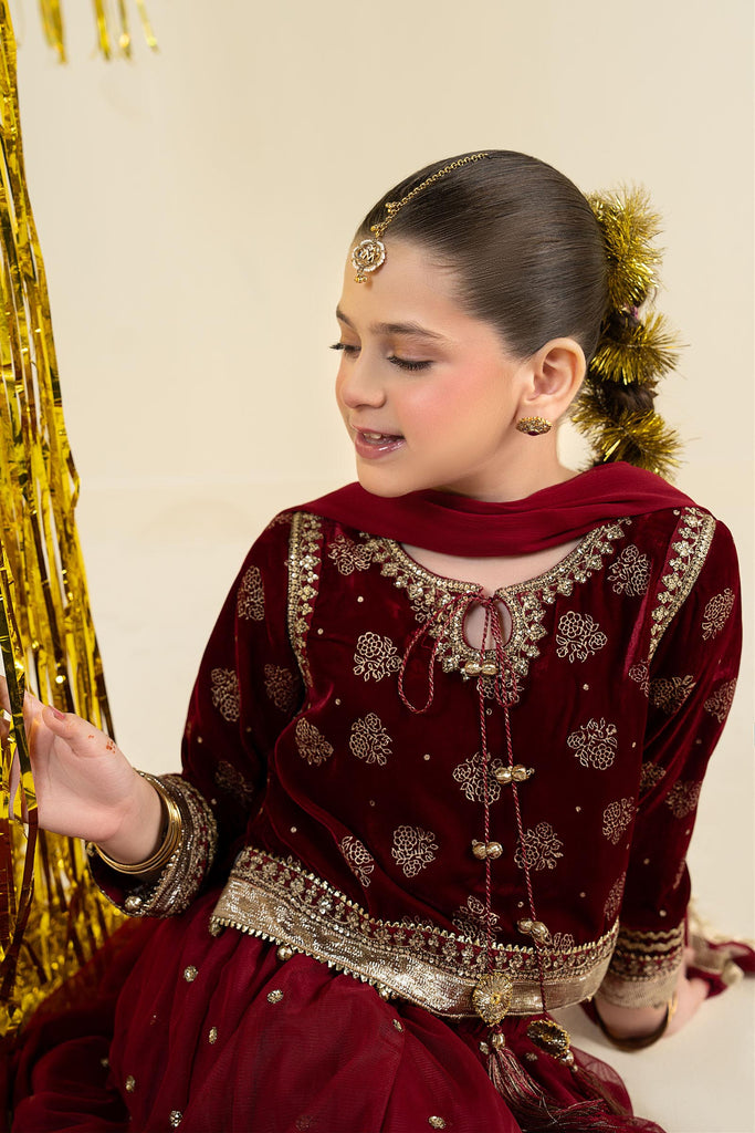 3 Piece Embroidered Net Suit - Maroon for Girls