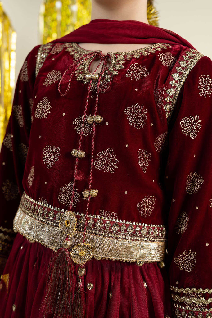 3 Piece Embroidered Net Suit - Maroon for Girls