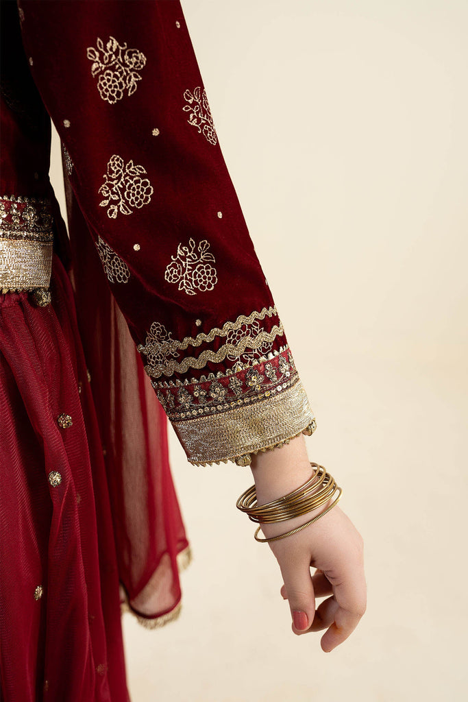 3 Piece Embroidered Net Suit - Maroon for Girls