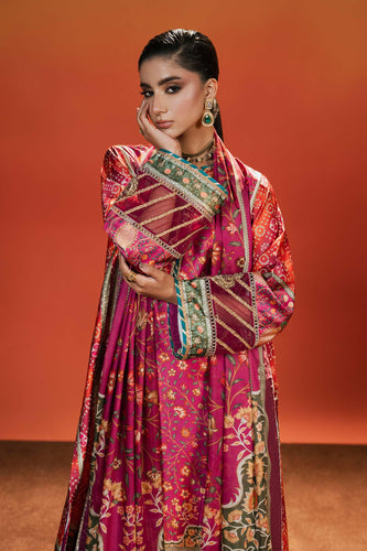 Embroidered Satin Silk Suit for Women – Pink and Orange