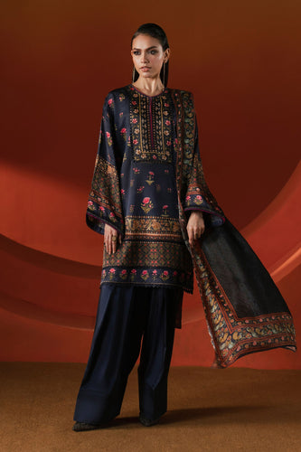 3 Piece Printed Satin Silk Suit for Women – Blue