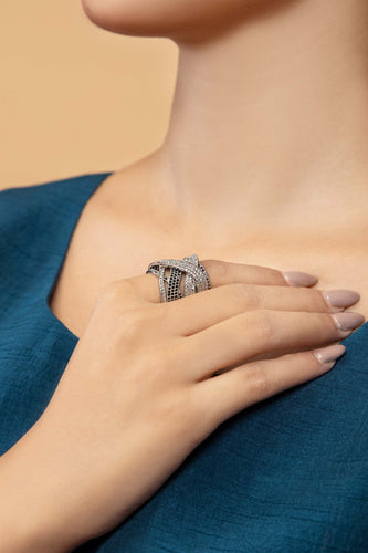Cross Cut Black Stones - Black and Silver Ring