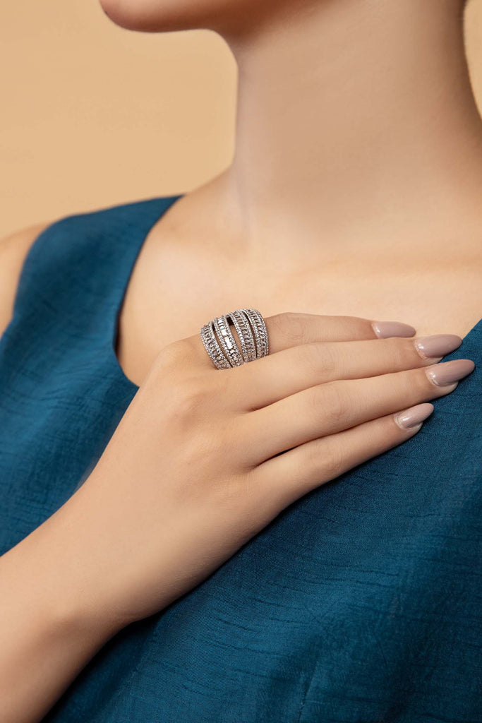 Stackable White Stone Stream - Gold and Silver Ring
