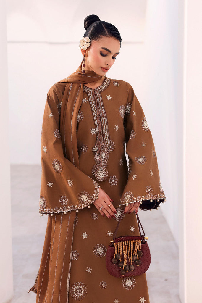 3 Piece Brown Tissue Staple Embroidered Suit for Women