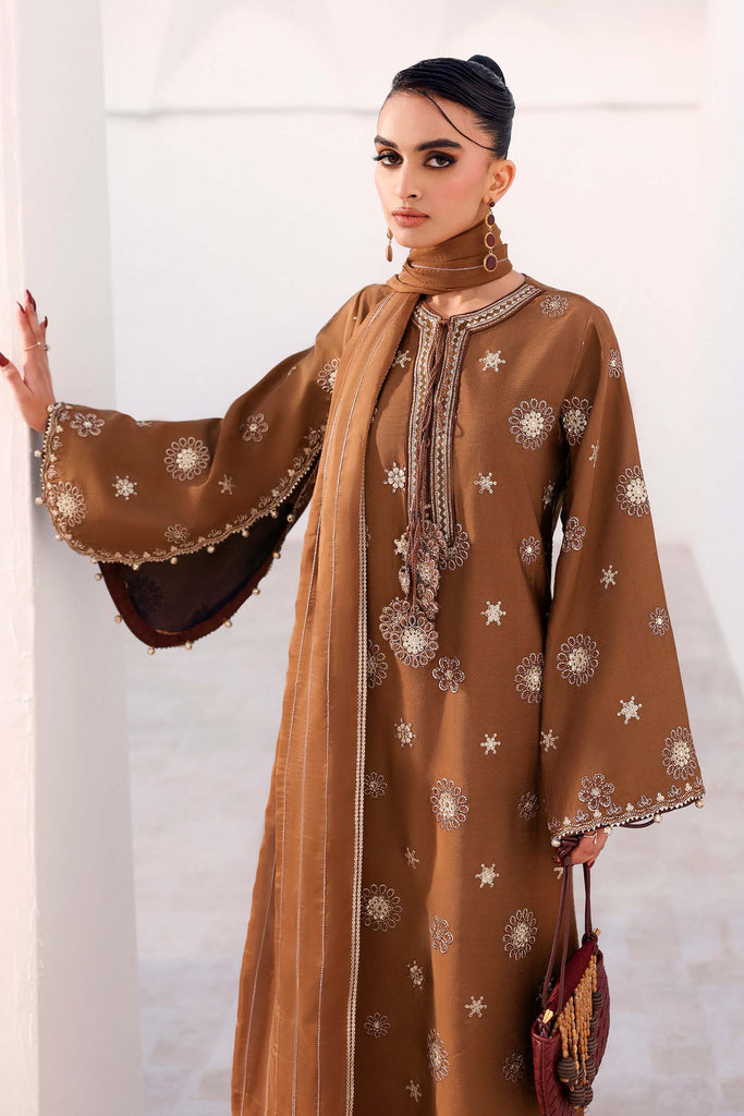 3 Piece Brown Tissue Staple Embroidered Suit for Women