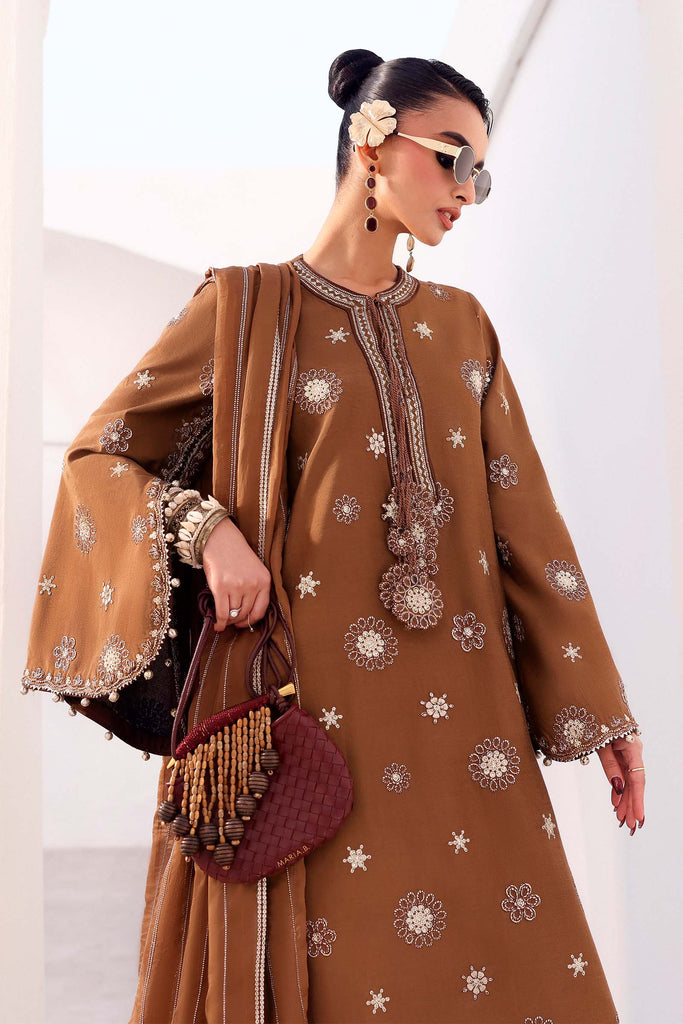 3 Piece Brown Tissue Staple Embroidered Suit for Women