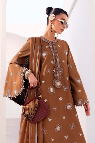 3 Piece Brown Tissue Staple Embroidered Suit for Women