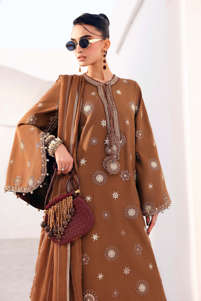 3 Piece Brown Tissue Staple Embroidered Suit for Women