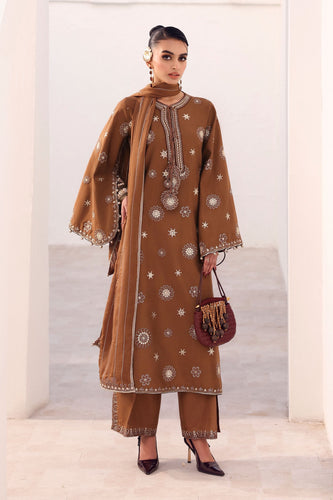 3 Piece Brown Tissue Staple Embroidered Suit for Women