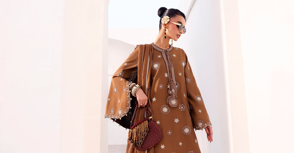 3 Piece Brown Tissue Staple Embroidered Suit for Women
