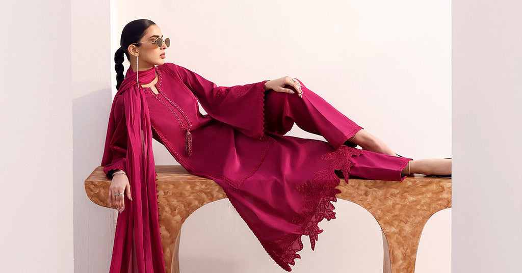 Maria.B Embroidered 3 Piece Hot Pink Tassel Silk Suit