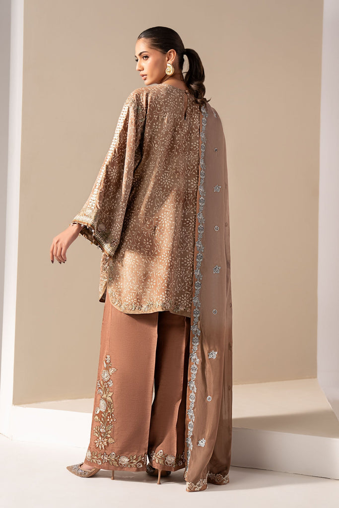 3 Piece Embroidered Silk Suit for Women – Brown