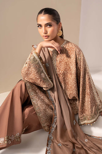 3 Piece Embroidered Silk Suit for Women – Brown