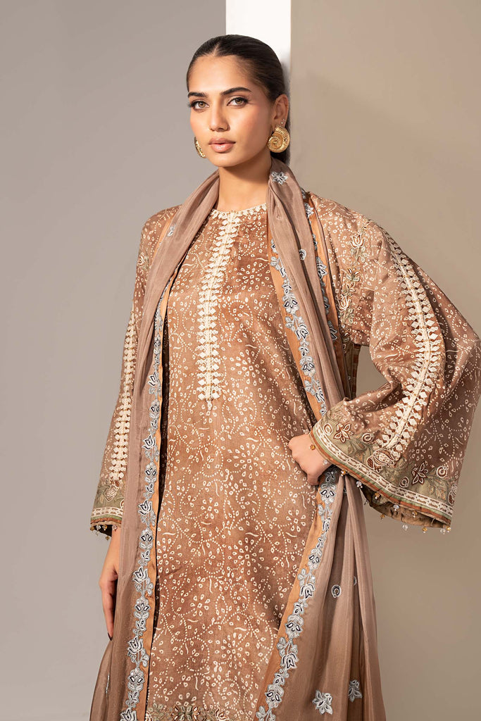 3 Piece Embroidered Silk Suit for Women – Brown
