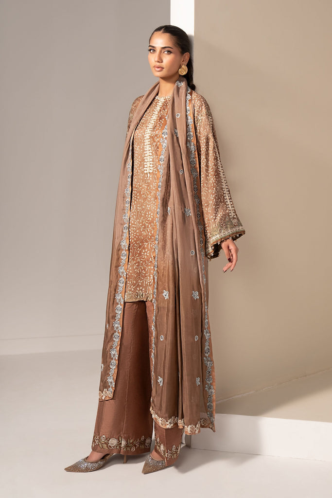 3 Piece Embroidered Silk Suit for Women – Brown