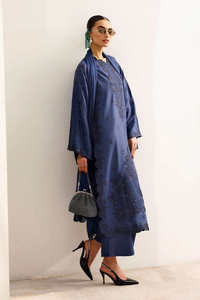 Embroidered Raw Silk 3 Piece Suit for Women – Blue