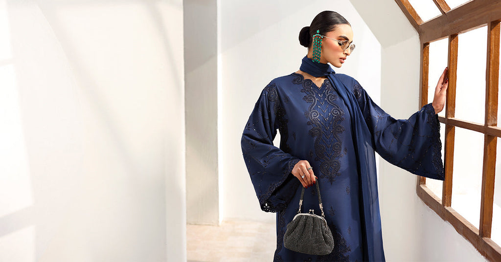Embroidered Raw Silk 3 Piece Suit for Women – Blue