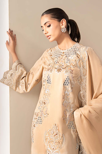 Maria.B Beige Raw Silk Embroidered 3 Piece Suit